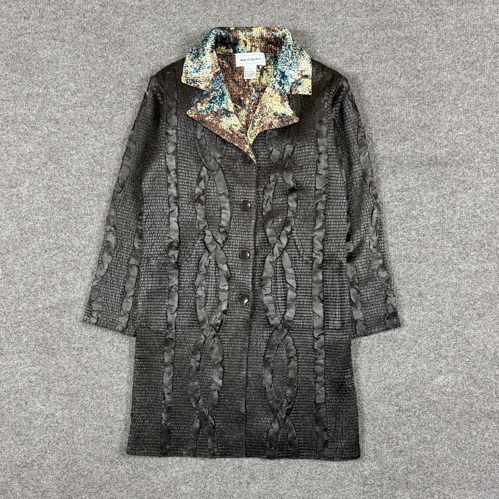 VTG Brown Snake Print Reversible Crinkle Mid-Length Button-Front Coat Women’s M